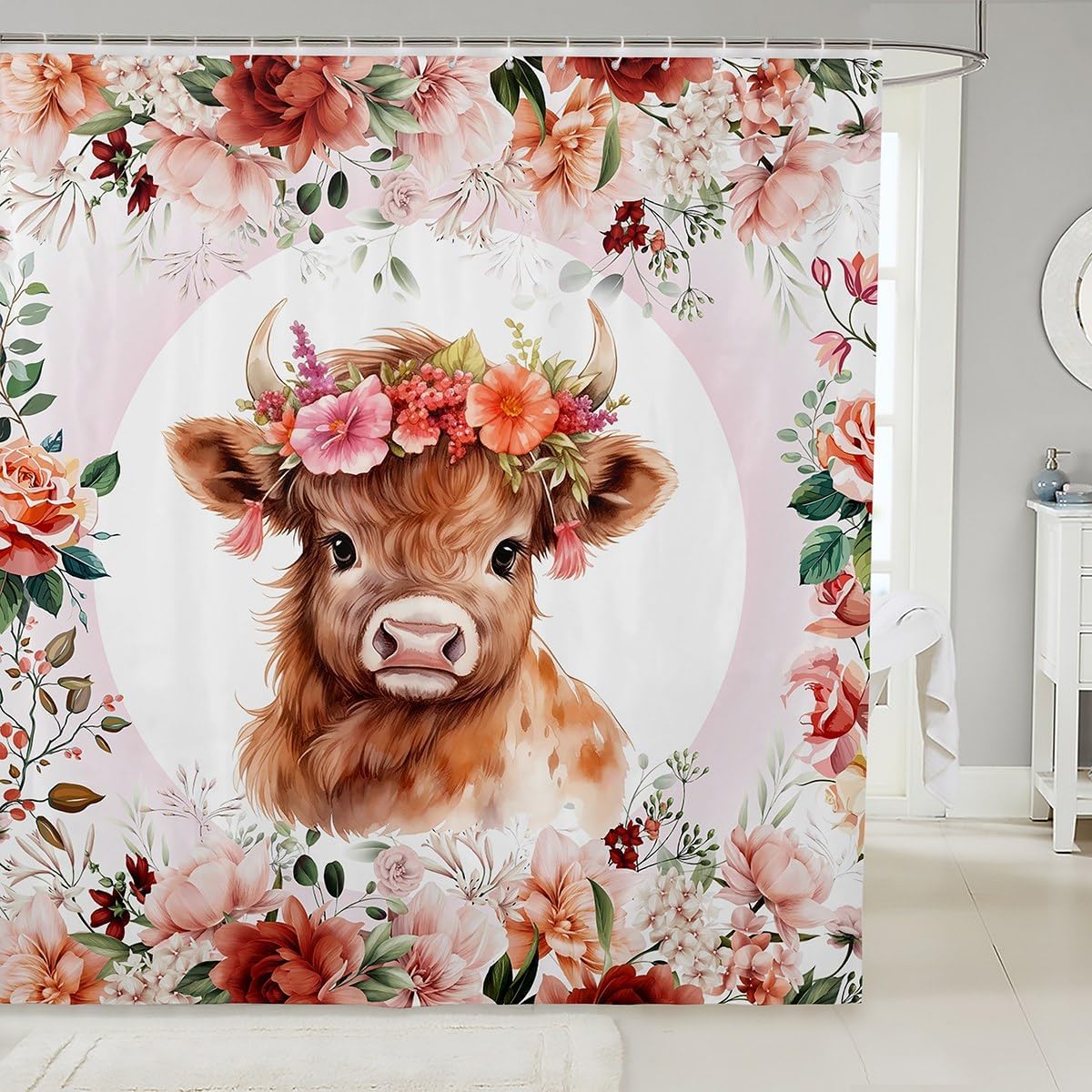 Feelyou Cute Highland Cow Shower Curtain 72"x84" Kids Cartoon Animal Bathroom Shower Curtain Set for Boys Girls Teens Flower Floral Print Bath Curtain Farm Zoo Garden Theme Bathroom Accessories