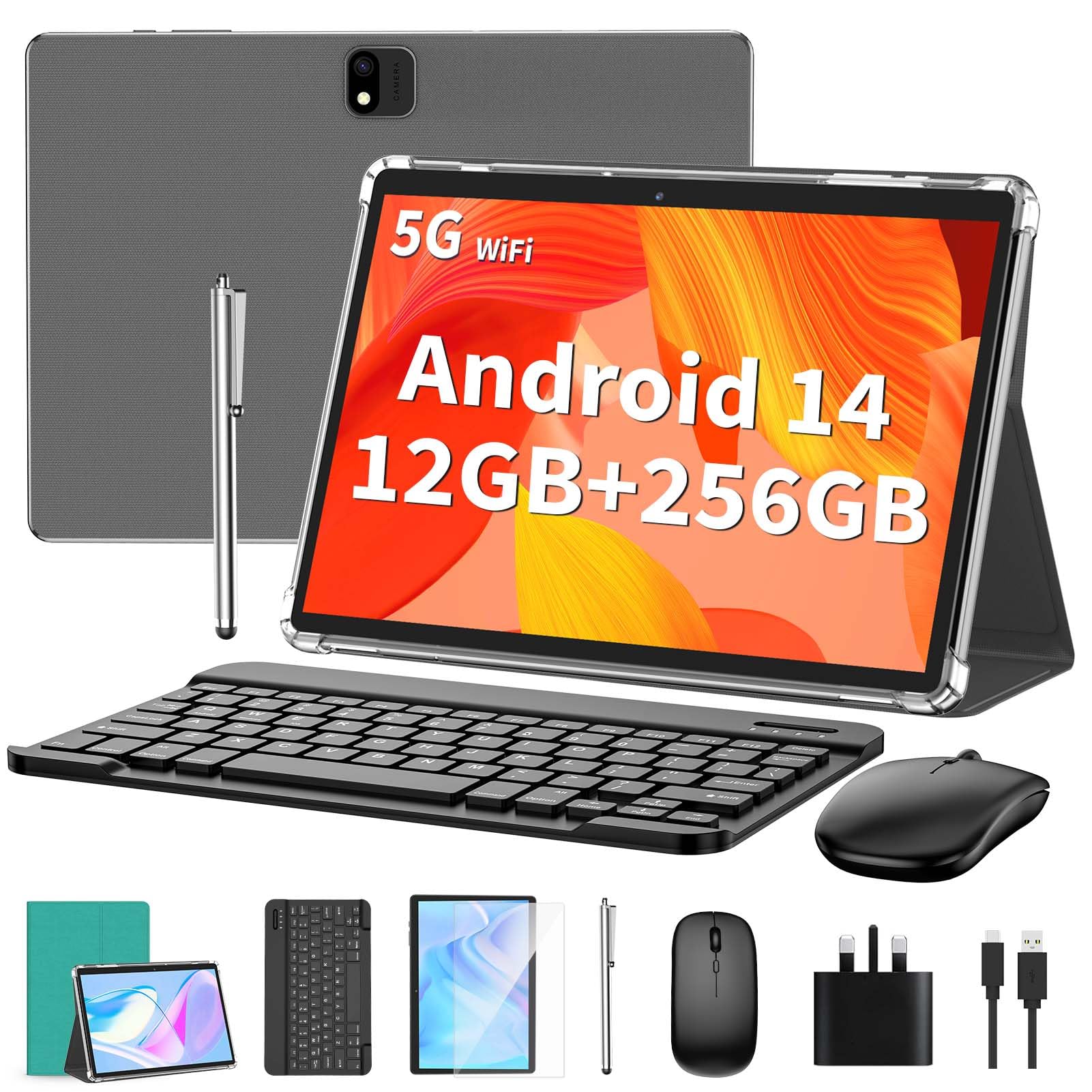 QDDQ Android Tablet with Keyboard, Android 14 Tablet, 12(6+6) GB+128GB, 1TB Expand, 2 in 1, Mouse, Stylus, 8000mAh Battery, 2.4G/5G WiFi, GPS, Certified, Green Case