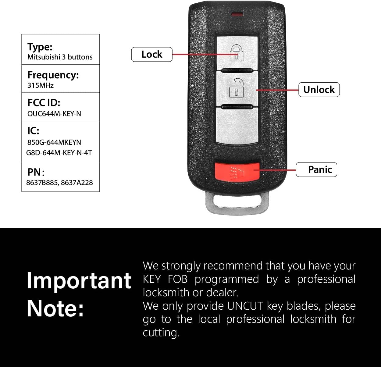 Replacement for Mitsubishi Lancer Outlander Sport Mirage Key Fob Remote Control 2017 2018 2019 2020 3 Buttons 315MHz OUC644M-KEY-N,Black