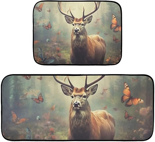Deer Butterfly Kitchen Mat 2 Pcs Set, Low Pile Kitchen Rugs Cushioned Water Absorbent Washable Floor Mats for Kitchen Sink Laundry Room