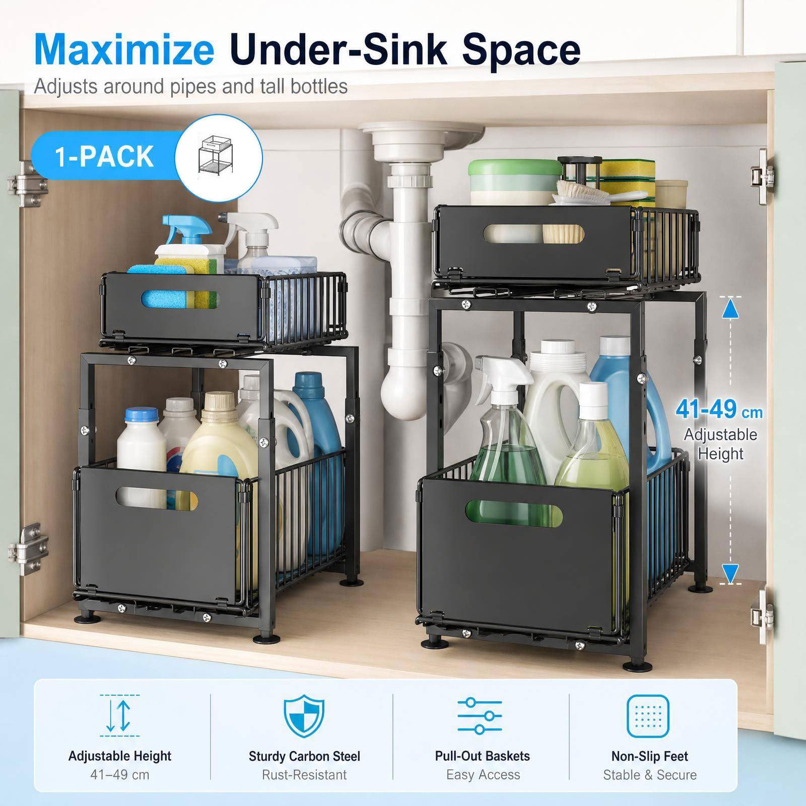 Set di 1 organizer regolabile sotto il lavello, con cassetti estraibili, regolabile in altezza, antiscivolo e resistente, in metallo, per cucina, bagno e dispensa