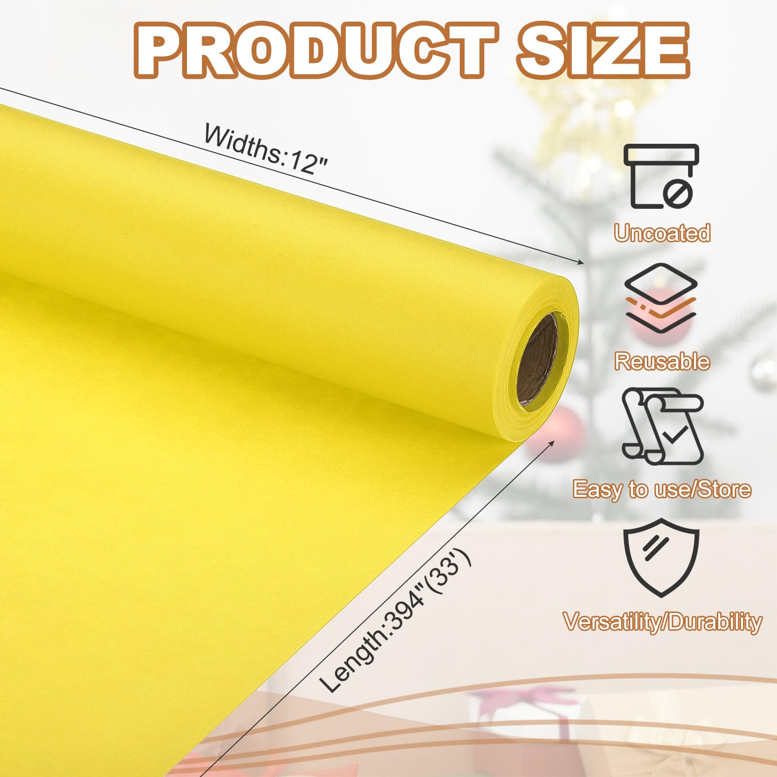 PATIKIL Wrapping Paper, 12" x 394"(33') 70 GSM Craft Paper Roll Kraft Packing Paper for Poster Bulletin Board Gift Wrapping, Yellow - Image 2