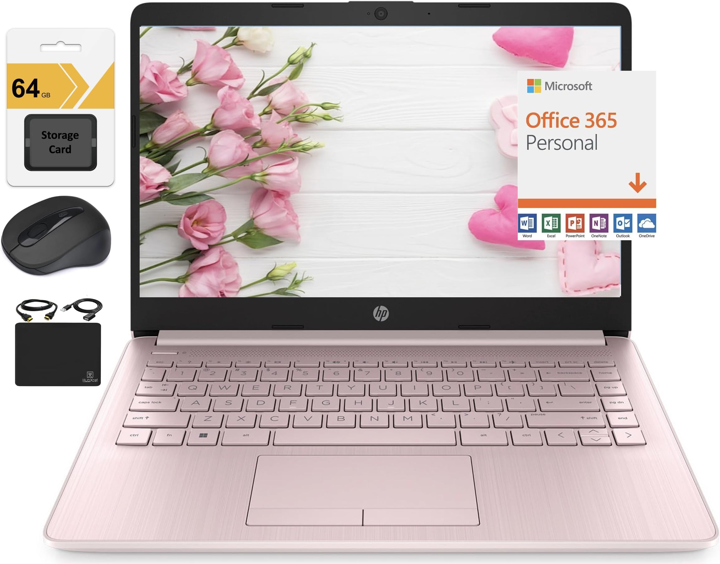 HP New 14" HD Ultra Light Thin Laptop, Quad-Core Intel Celeron Processor, 4GB RAM, 128GB (64GB eMMC+ 64GB Card), Wi-Fi, Upto 11 Hours, Windows 11 S + 1 Year Office 365+HubxcelAccessory, Pink