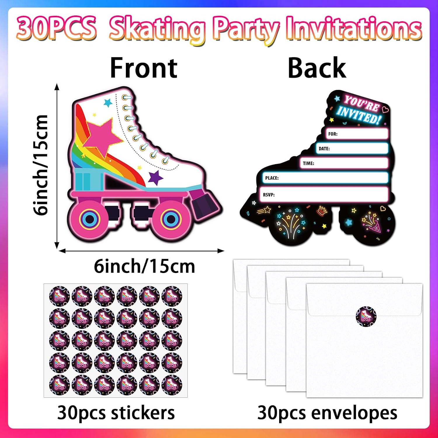 Lonfliness 30pcs Neon Roller Skating Birthday Party Invitations Skate Invitation Glow Skating Birthday Party Invite Decorations Supplies Favors 30 Cards with Envelopes and Stickers
