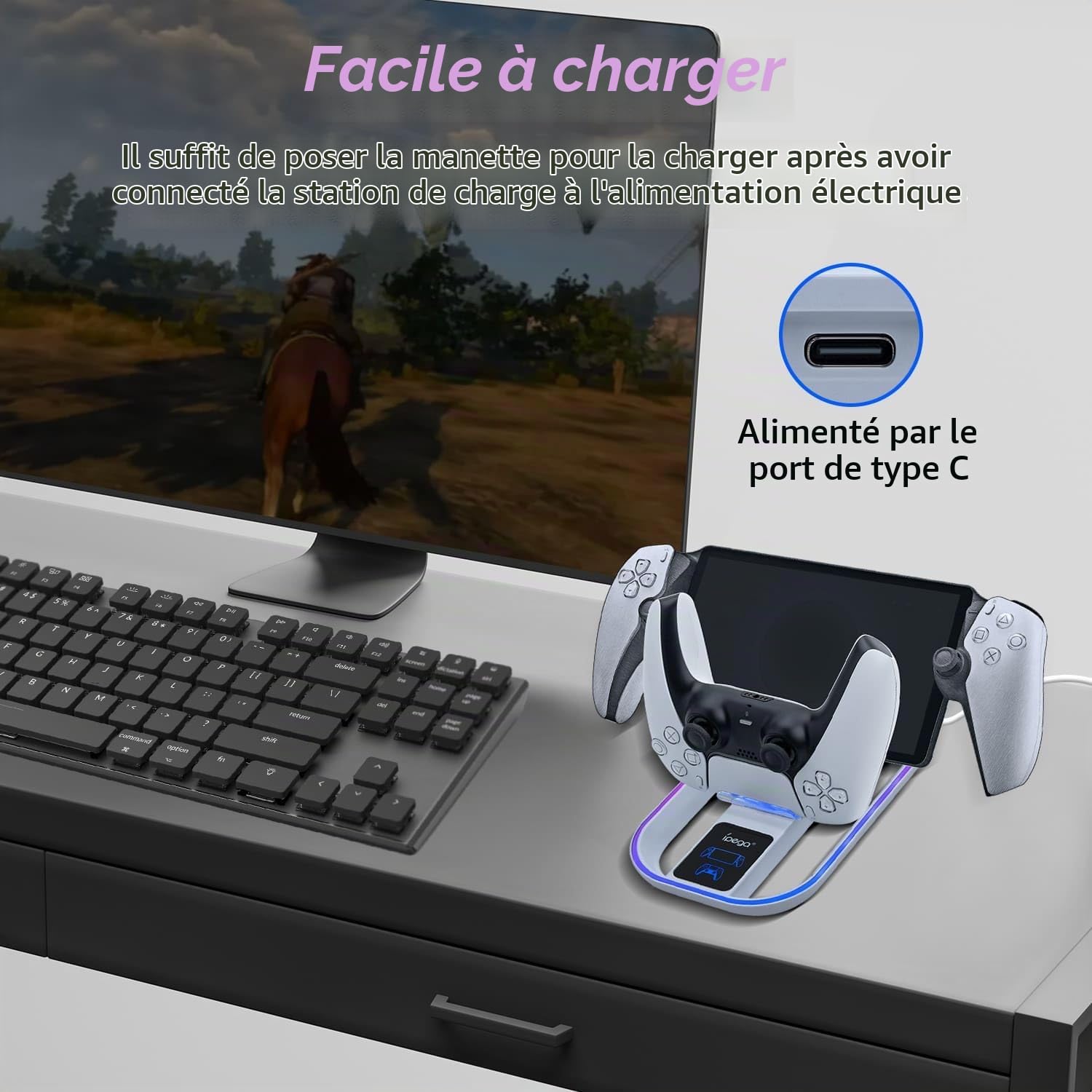 Mcbazel RGB Station de Chargement pour PS Portal Remote Player, Support de Charge Vertical Chargeur Manette, 14 Effets Lumières RGB pour PS Portal Remote Player/PS5 Controller