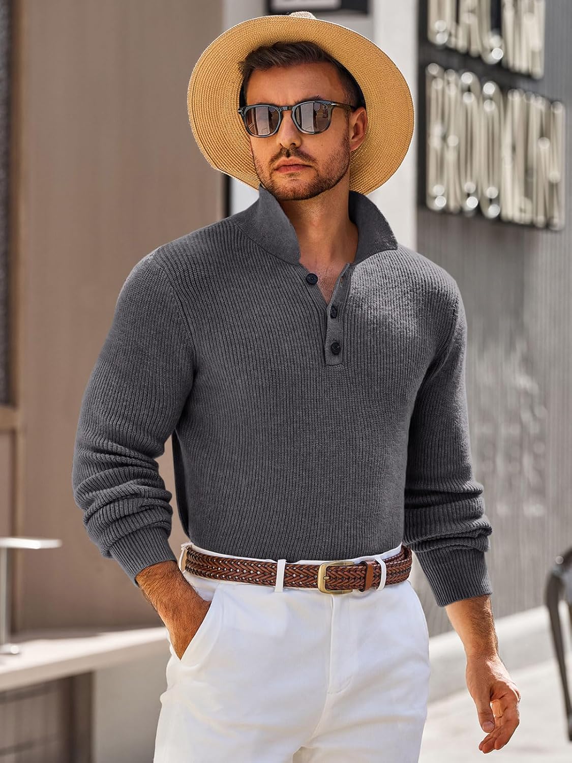 Runcati Mens Long Sleeve Polo Sweater Knit Polos V Neck Casual Dress Button Collared Pullover Sweaters - Image 3
