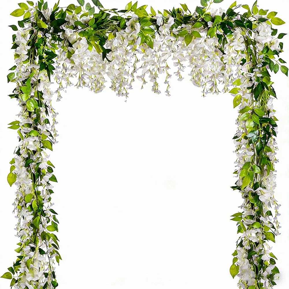 5 Pcs (Total 32.8Ft) Artificial Wisteria Garland Wisteria Vine Rattan Fake Wisteria Vine Flower Garland for Wedding Garden Outdoor Decor (White)
