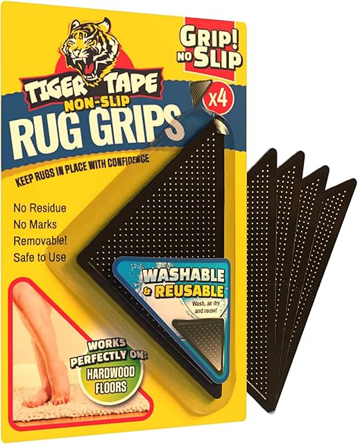 Tiger Tape® Pack of 4 Large Rug Grips | Anti-Slip and Reusable Rug Grippers for Wooden, Hard Floors & Tiles | Washable Rug Pads | No Damage, Safe & Removable | Stop Rugs Sliding