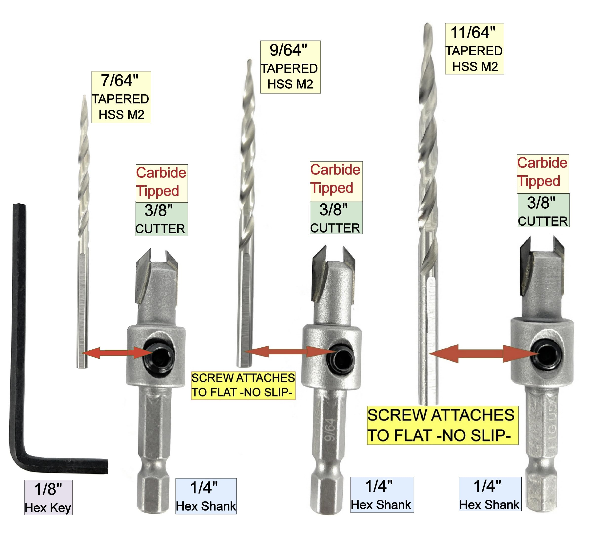FTG USA Tapered Countersink Set - 3 Piece Wood Drill Bits -2