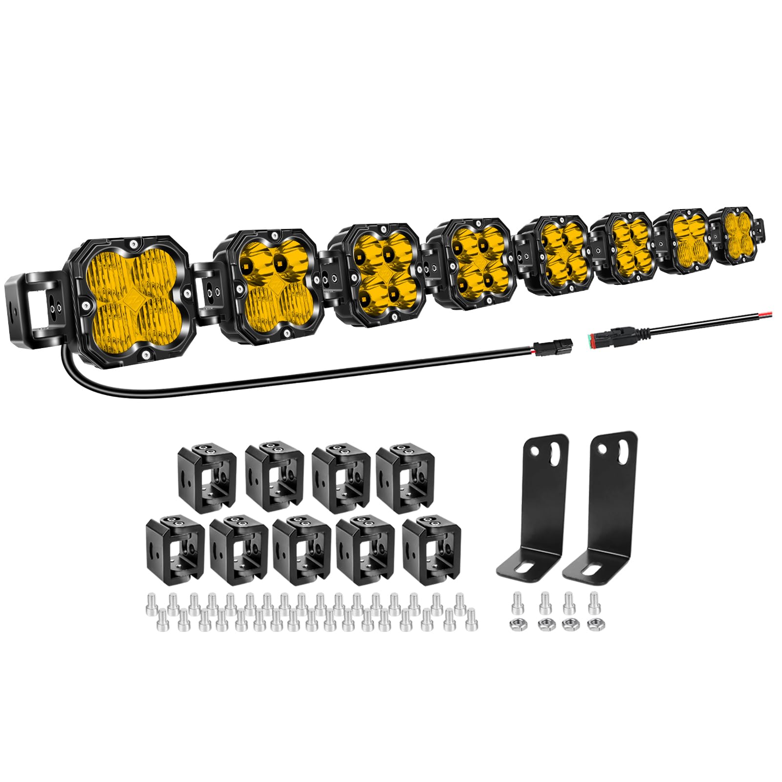 AUXTINGS 132 cm, 240 W, żółta listwa świetlna LED z okablowaniem, prosta, zakrzywiona regulacja, 12 V / 24 V, szeroka wiązka światła i reflektor terenowy, 4 x 4, wodoodporna lampa przeciwmgielna, do