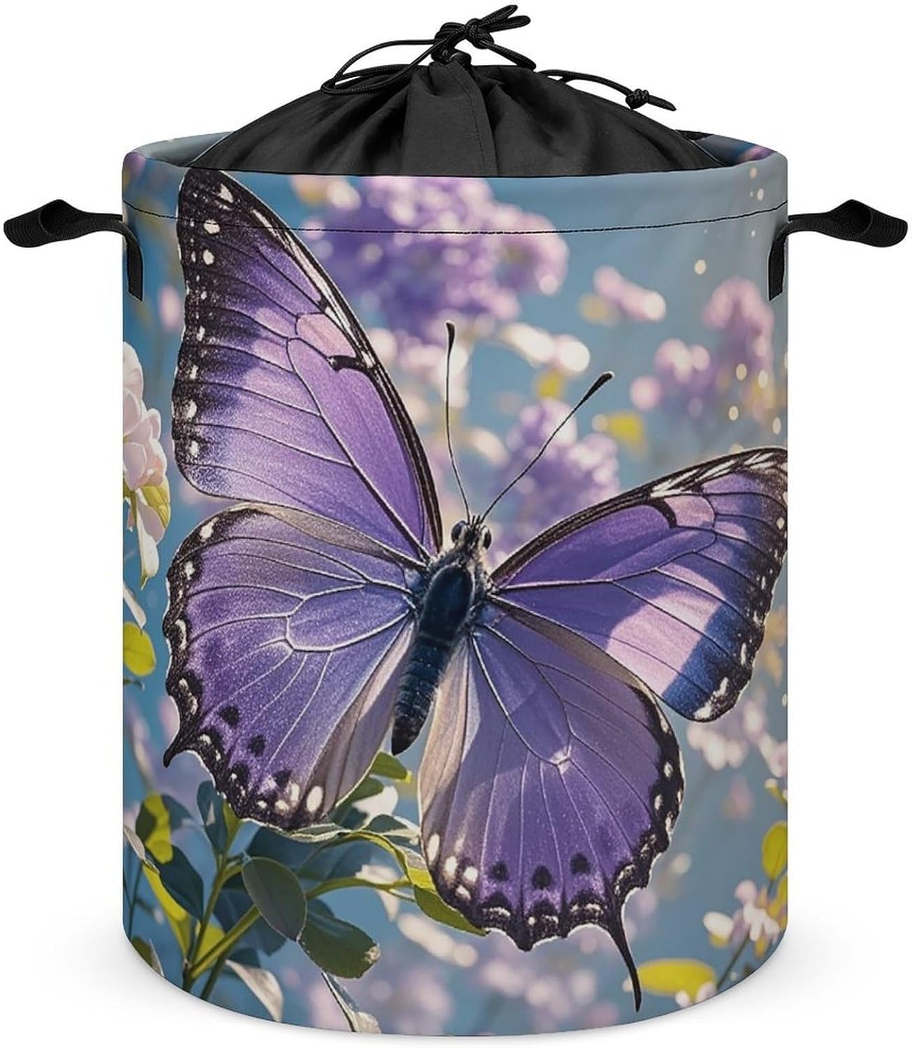 Beautiful Purple Butterfly Art Laundry Bag Large Collapsible Laundry Baskets Freestanding Waterproof Clothes Hamper with Handles & Drawstring for Laundry Room Bedroom Bathroom