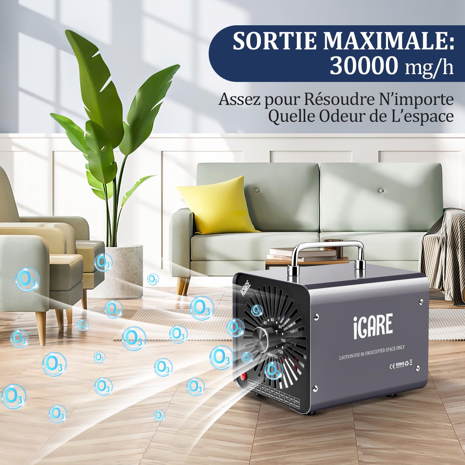 ICARE Générateur d'Ozone Domestique 30000 mg/h, Machine à Ozone pour Purification de l'Air et Élimination des Odeurs Dispositif d'Ozone Portable O3 pour Bureau, Salle de Bain, Maison, Voiture