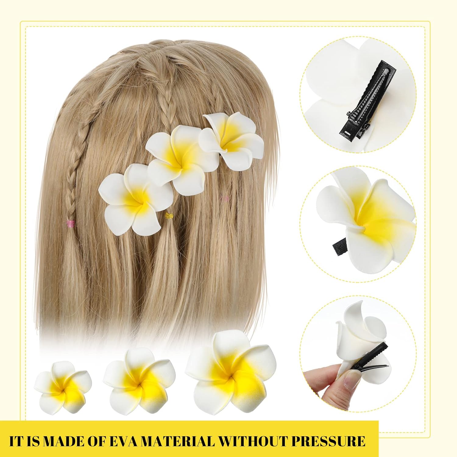 Crowye 100 Pcs White Foam Hawaiian Plumeria Flower Clips Bulk 3 Sizes Artificial Frangipani Petals Cap Wreath Floral DIY Craft for Home Luau Party Decorations Beach Wedding Guests