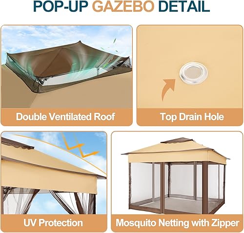Miniatura 6 de COBIZI Gazebo desplegable de 10 x 10 pies en liquidación con toldo de 11 x 11 pies, gazebo portátil impermeable con mosquiteras, techo doble