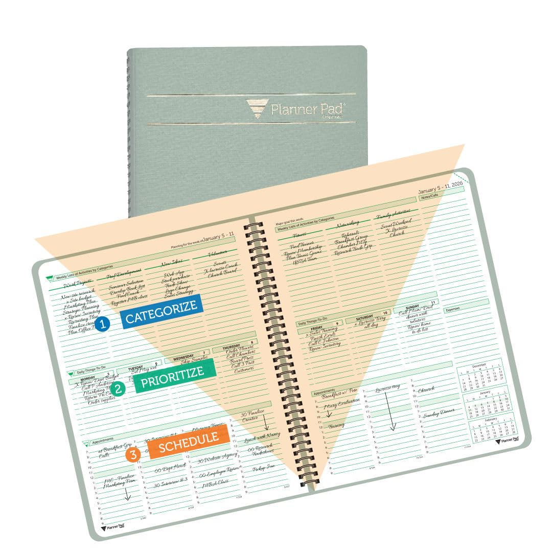 Planner Pad Spiral Bound January-December 2026 Calendar Year 8 1/2'' x 11'' Large 3-Tier Funnel Down 12 Month Organizer, Greenish Grey Cover/Soft Green Ink