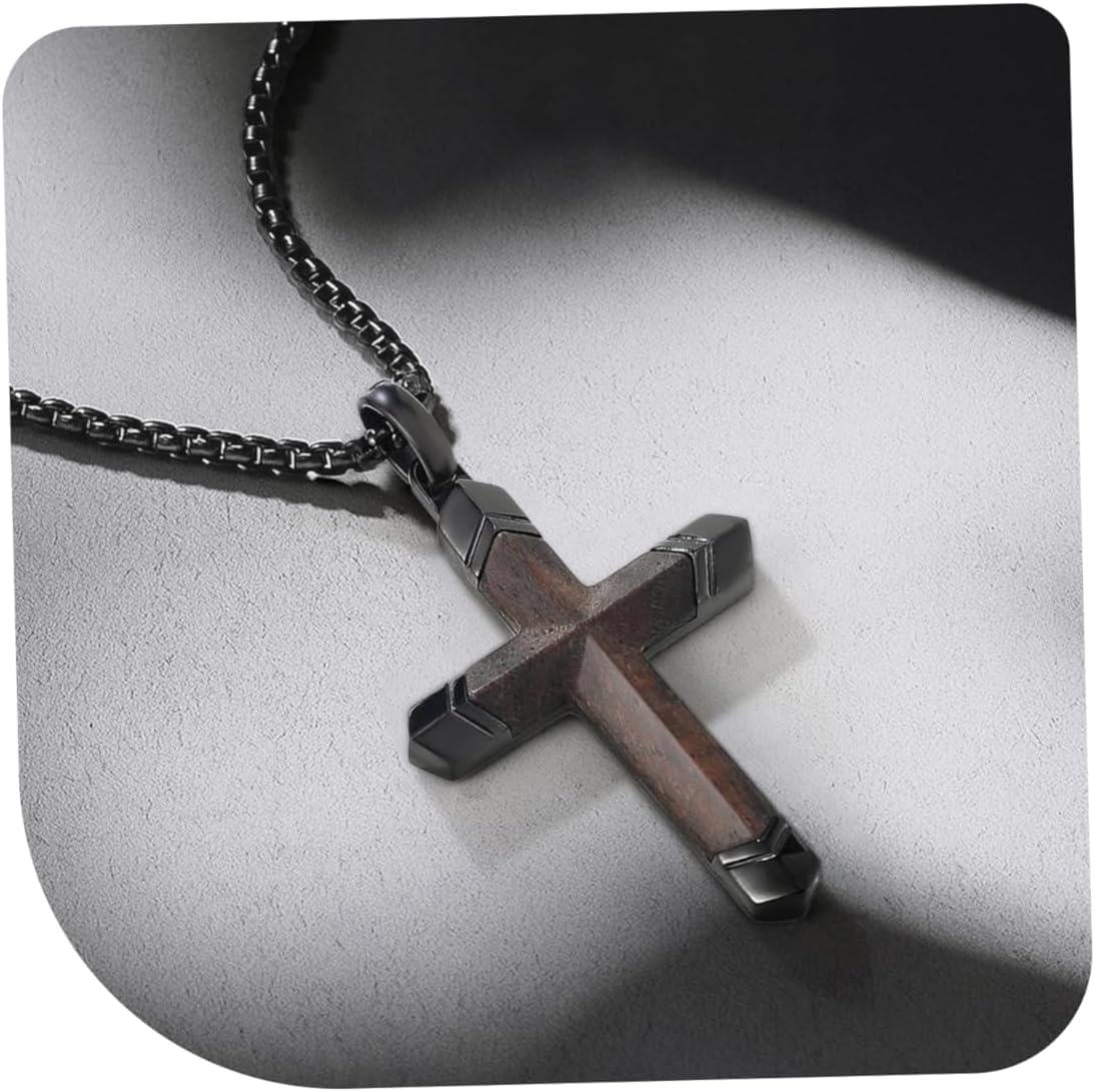 Wooden Cross Necklace for Men, Real Ebony Mens Cross Necklaces Black Stainless Steel Christian Wood Pendant, Necklace 24" Round Box Chain