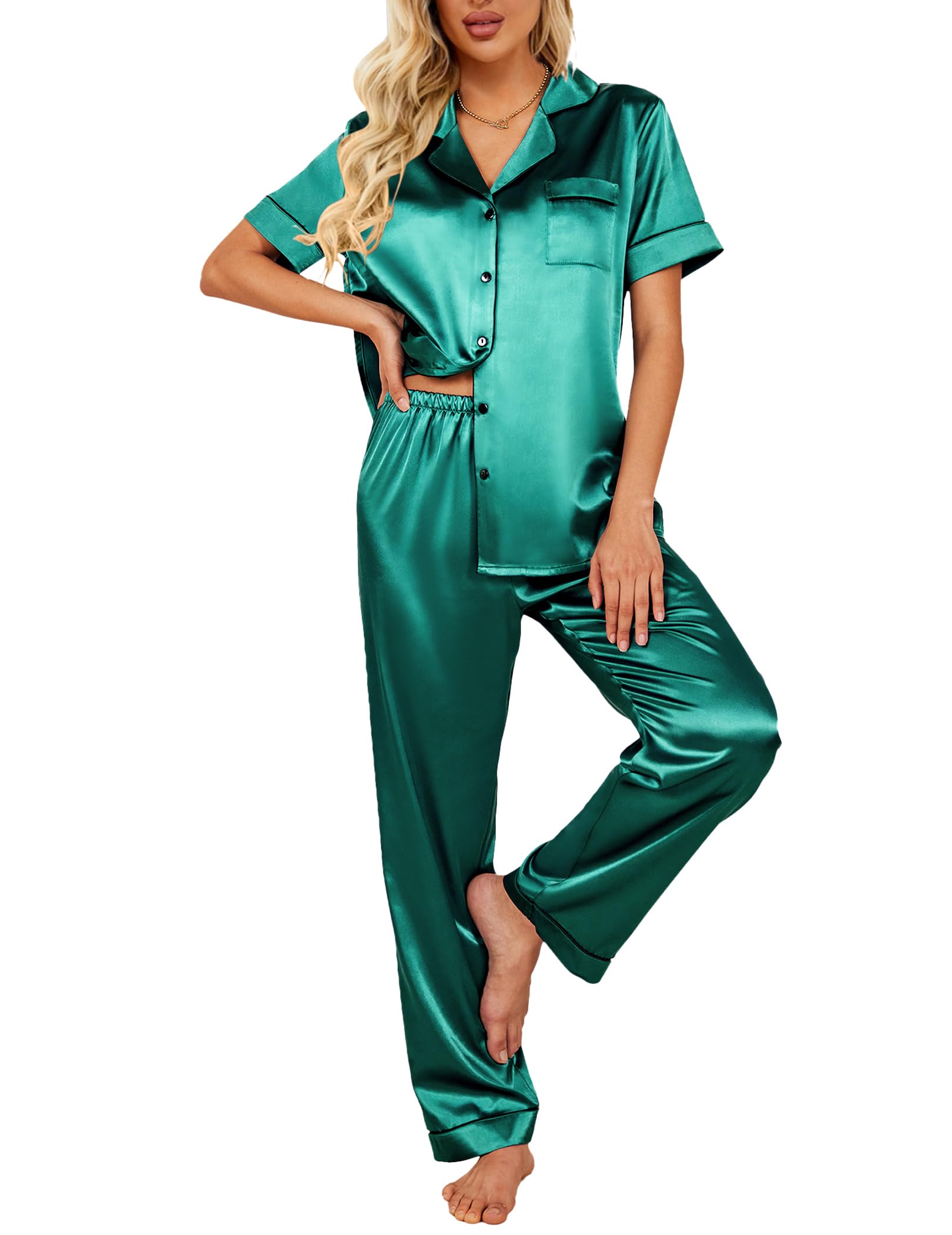 EkouaerSilk Satin Pajamas Set Women Short Sleeve Sleepwear Soft Button Down Loungewear Pjs Set