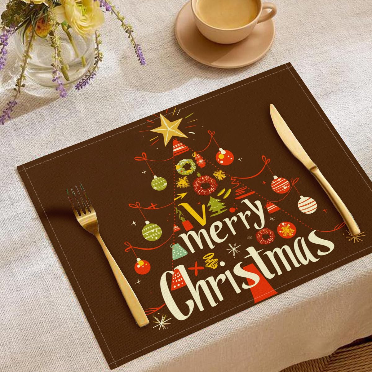 Astratto Albero Di Natale Tovaglietta americana 8 pezzi in Cotone e lino 45x30 cm, Semplice Palla Sospesa Tovagliette da tavolo per colazione e merenda Antimacchia, Marrone