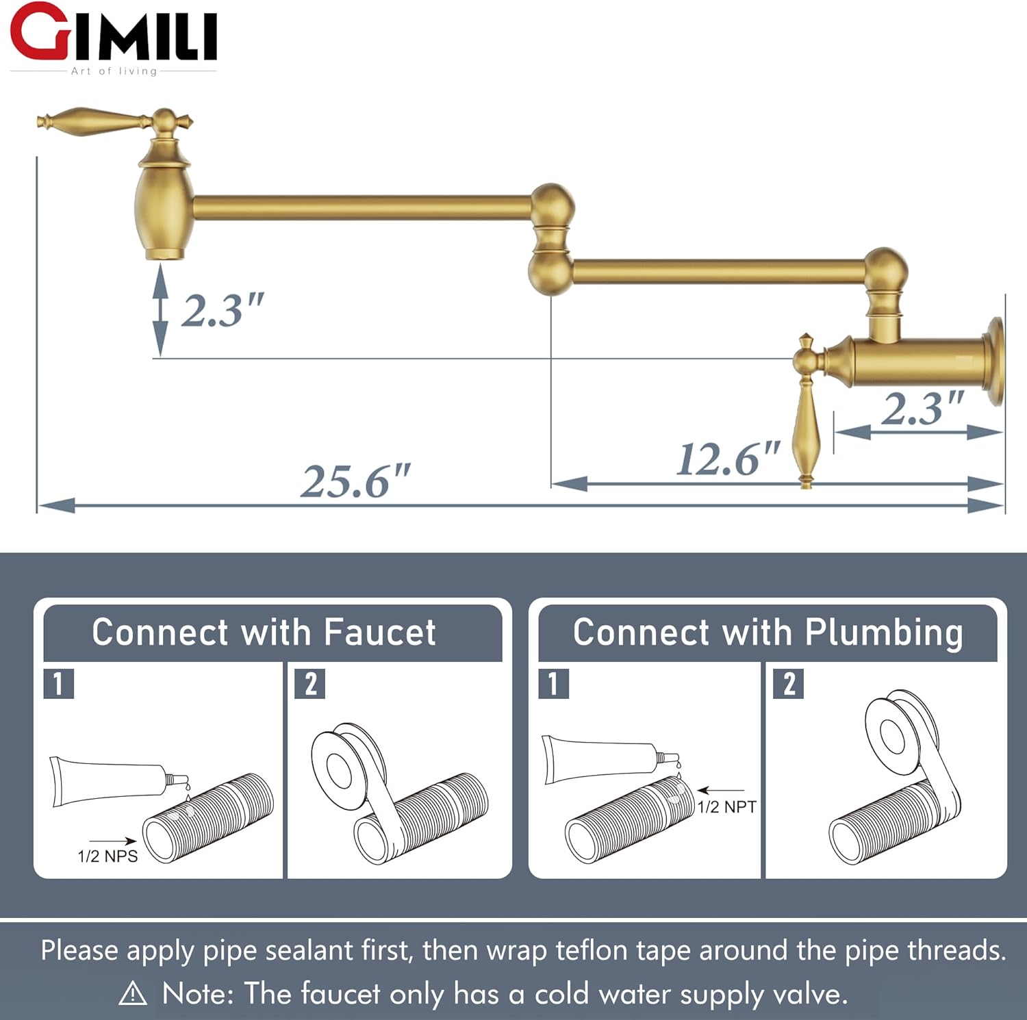 GIMILI Brushed Gold Pot Filler Faucet Wall Mount Kitchen Faucets Over Stove Faucet Folding Faucet with Double Joint Swing Arms