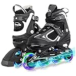 MammyGol Adjustable Inline Skates for Boys Girls Kids Youth with Light up Wheels,Illuminating Beginner Black Blades Roller Skates for Boys Size 1 2 3 4 Ages 6-8 8-10
