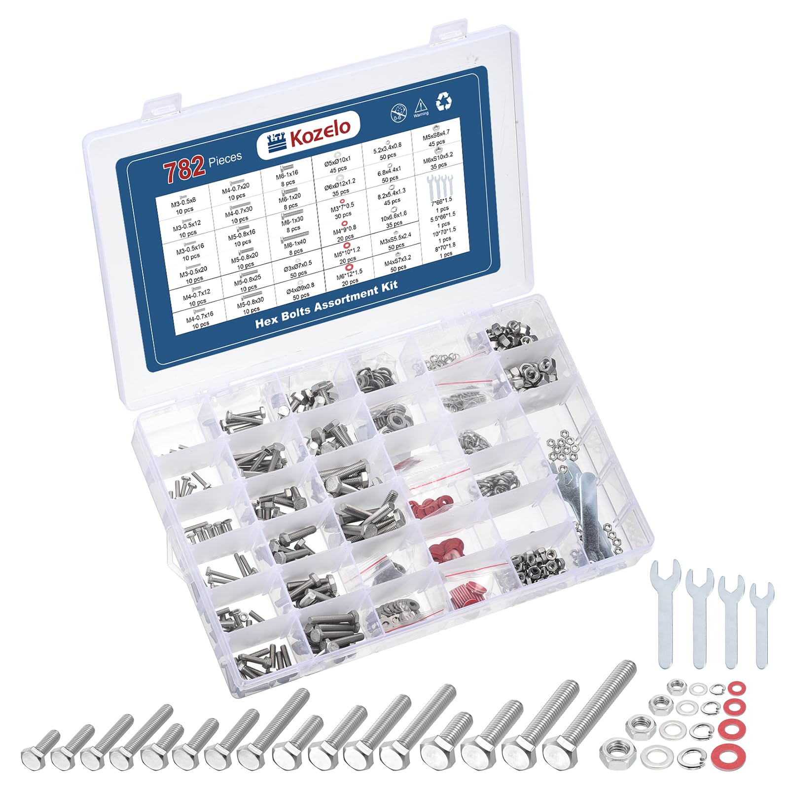 Kozelo 782 Pcs Hex Head Screws Assortment Kit - [M3/M4/M5/M6] 304 Stainless Steel, Hex Bolts and Nuts, Lock Washers and Flat Spring Washers Kit with Wrench — image 1