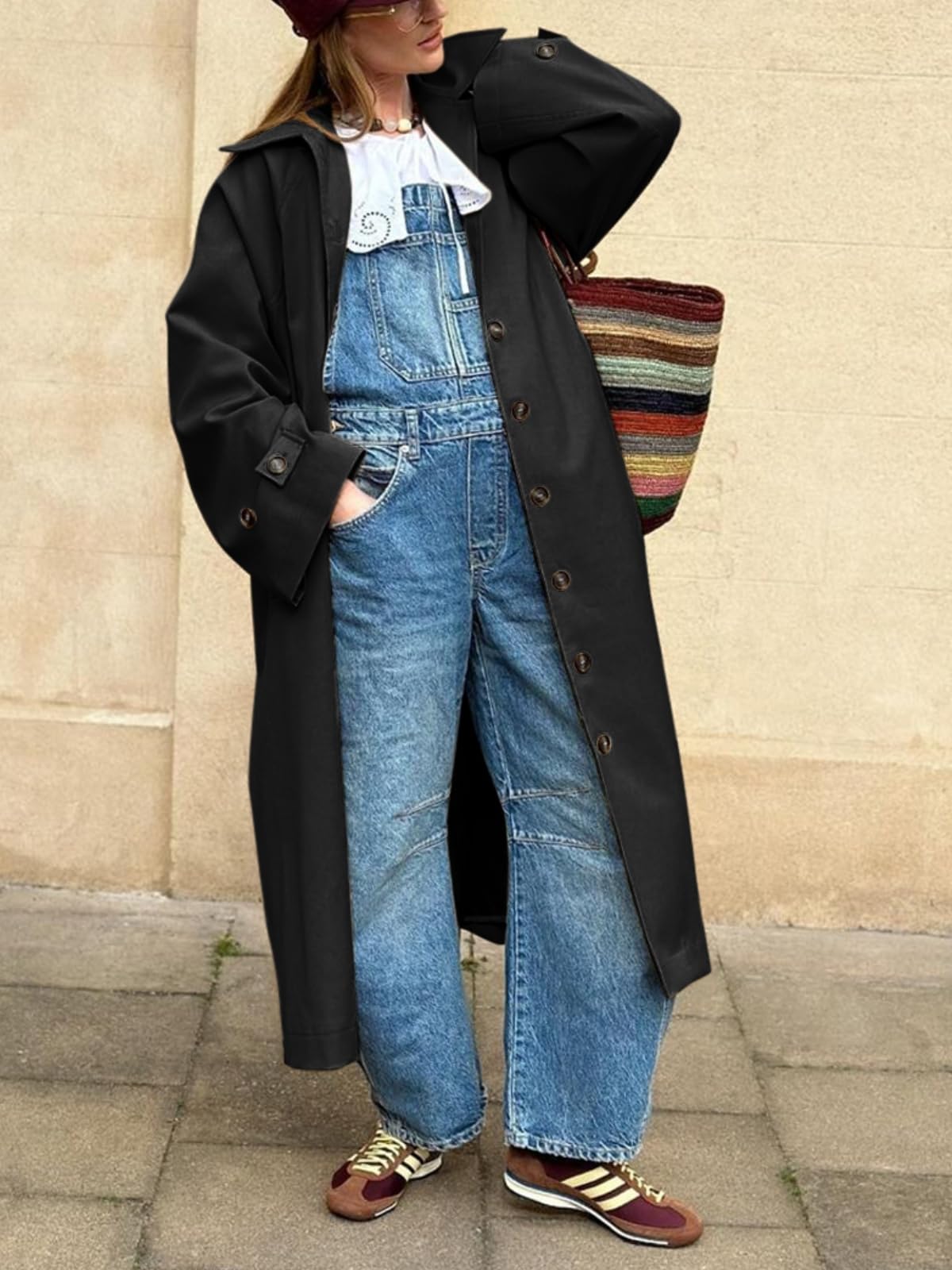 Tankaneo Trench long pour femme à simple boutonnage surdimensionné coupe-vent classique à revers pour l'automne