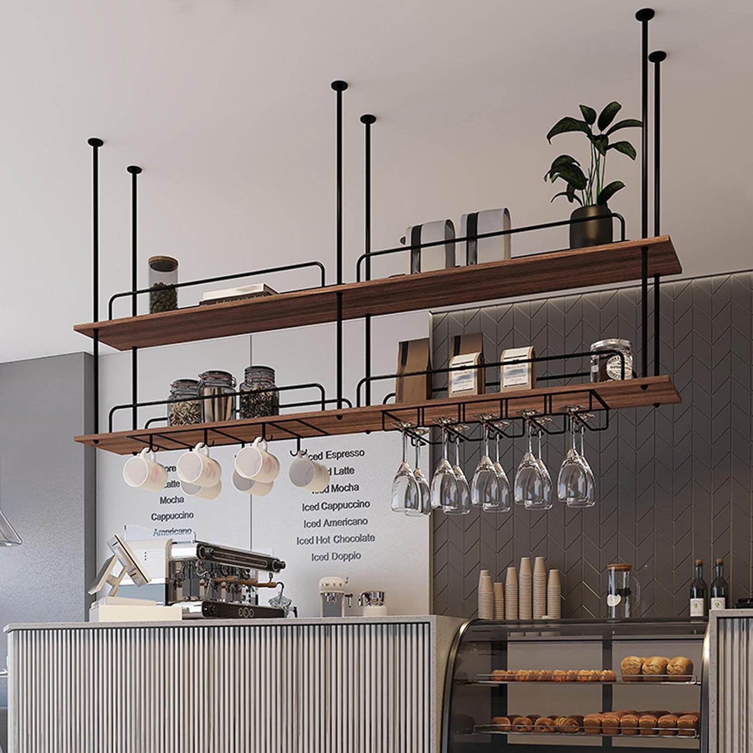 Ceiling Wine Rack, 2-Tier Wooden Wine Bottle Holder, Black Hanging Wine Glass nizer, 120cm Space-Saving Wine Storage Solution for Wine Lovers