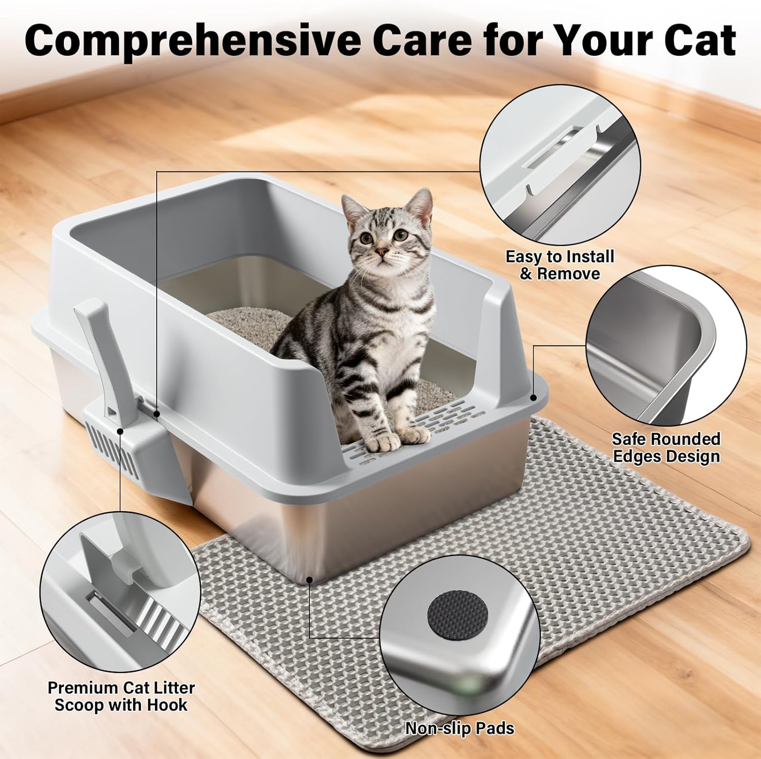 Stainless Steel Cat Litter Box with Lid Large to XL,Metal Litter Box High Sides for Big/Multiple Cats,Open Design,Indoor,1-Mat and 1-Scoop,Easy to Clean, No Odor,Anti-Urine Leakage