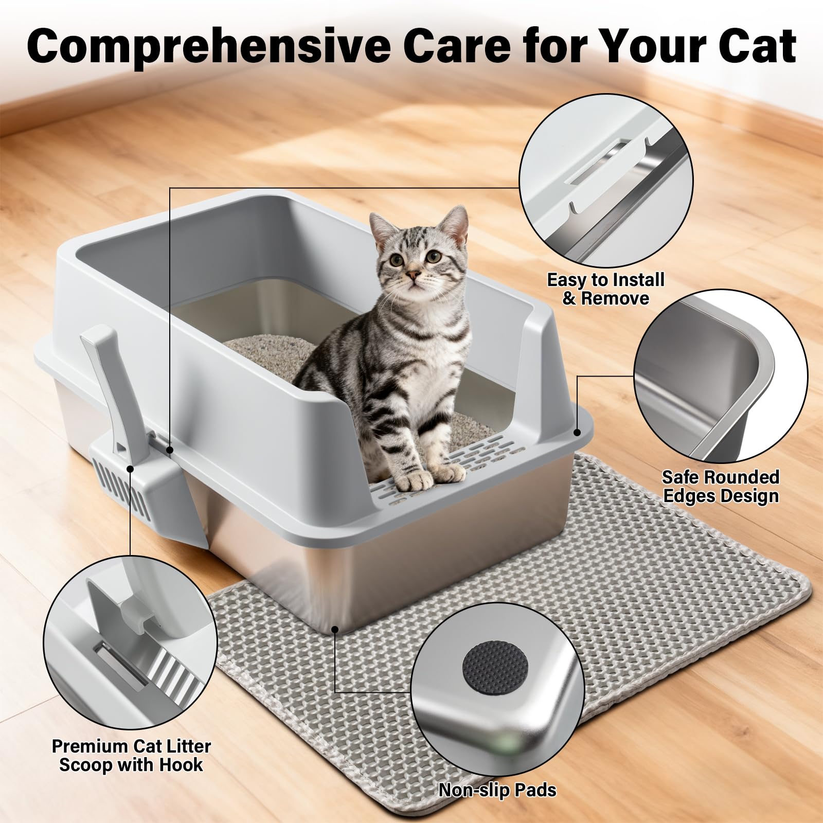 2PCS XL Stainless Steel Cat Litter Box with Lid,Metal Litter Box High Sides for Big/Multiple Cats,Open Design,Indoor,1-Mat and 1-Scoop,Easy to Clean, No Odor,Anti-Urine Leakage - image 4