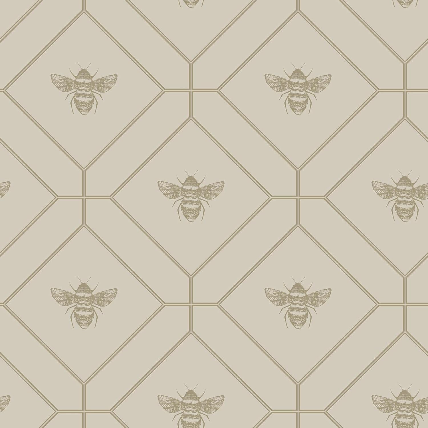 Honeycomb Bee Taupe Metallic Wallpaper – Gold Bee & Geometric Honeycomb Pattern, Non-Pasted Wallpaper Roll, 21 in x 33 ft (Covers 56 sq ft), Feature Wall for Living Room, Bedroom & Office