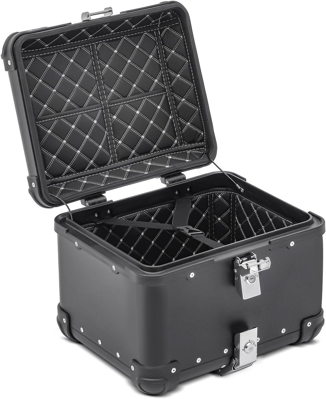 Interior view of the open Bagtecs XS45 Top Box, showing the padded lining and retention straps.