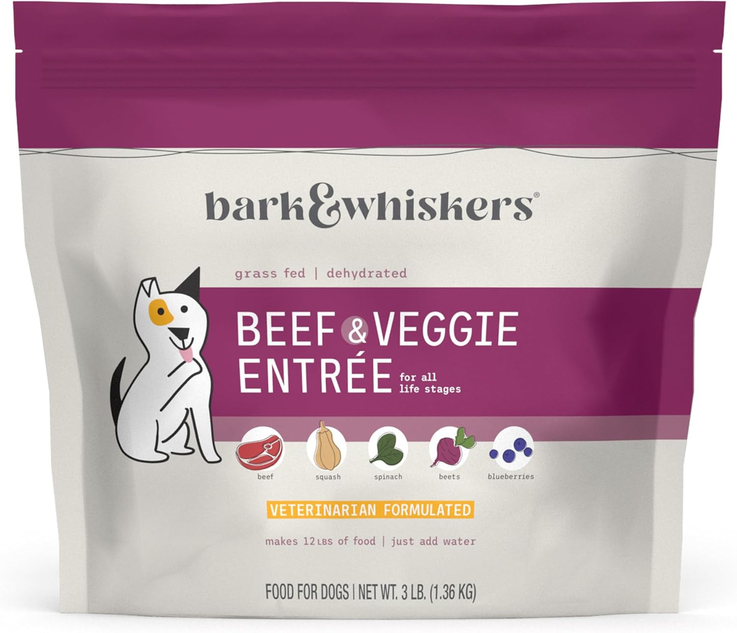 Bark & Whiskers Dehydrated Beef and Veggie Entree, 3 lb., Makes 12 lbs. of Food for Dogs, Digestive Support, Vet Formulated, Non-GMO, Dr. Mercola