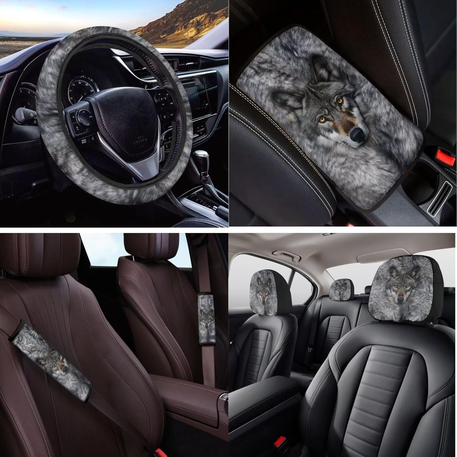 Wolf Car Seat Covers 14 Pcs with Steering Wheel Cover,Car Armrest Cushion,Seat Belt Covers Cup Holder with Keychain,Grey Animal Automotive Protector Set Unverisal Fit Cars SUV Hatchback
