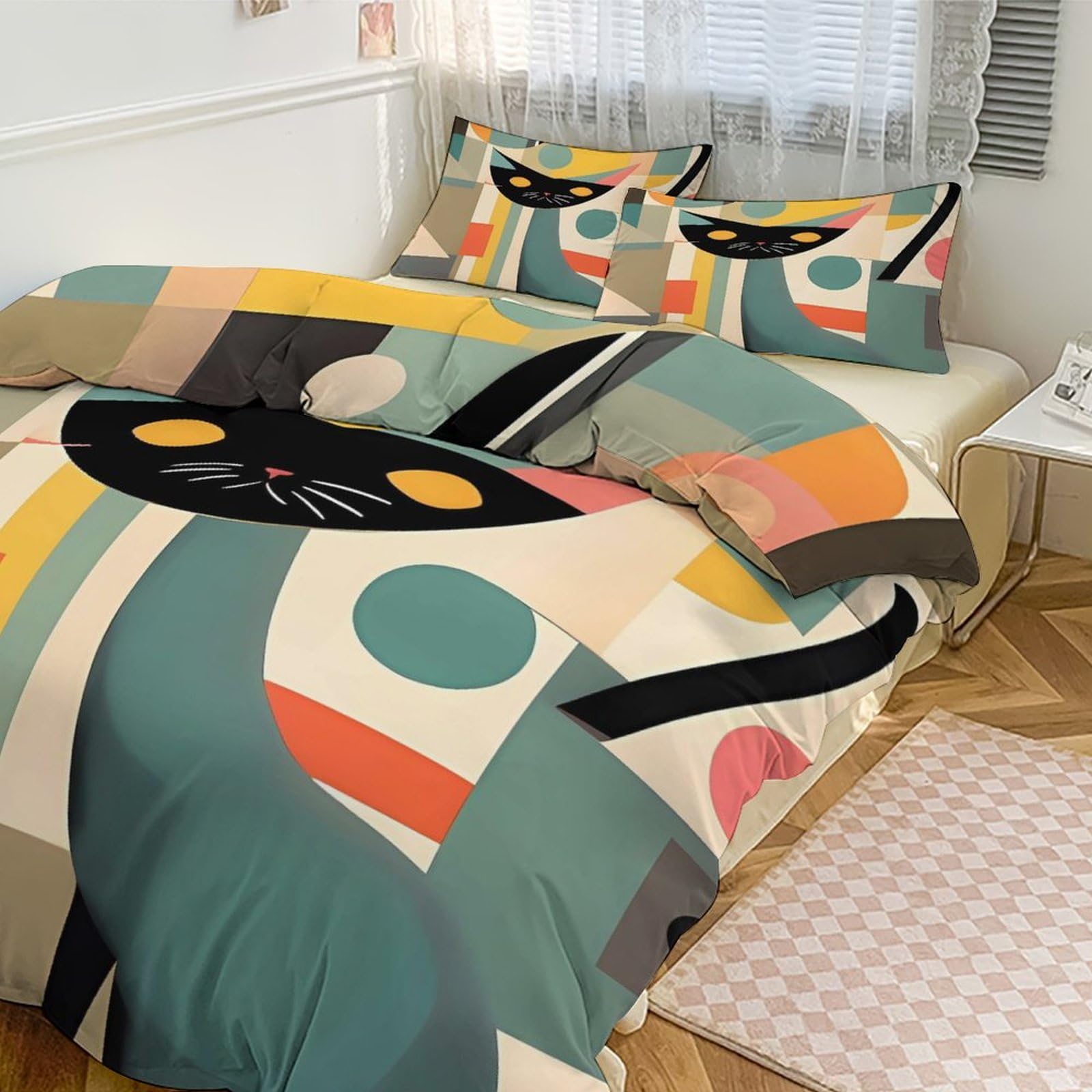 Housse de couette 228x228 cm chat moderne avec fermeture éclair et taies