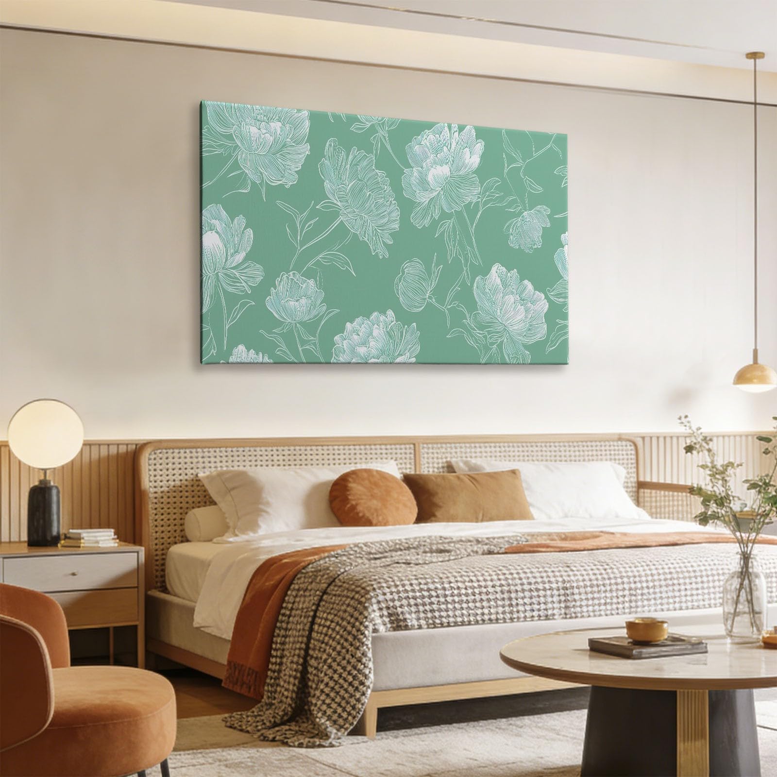 Generisch Elegant Pflanzen Blumen Pfingstrose Modernes Leinwandbild 90L x 60B cm mit Rahmen, Minimalistisch XXL Wanddeko für Wohnzimmer Geschenk Idee Einzug - Hochwertiger Kunstdruck auf Holzrahmen