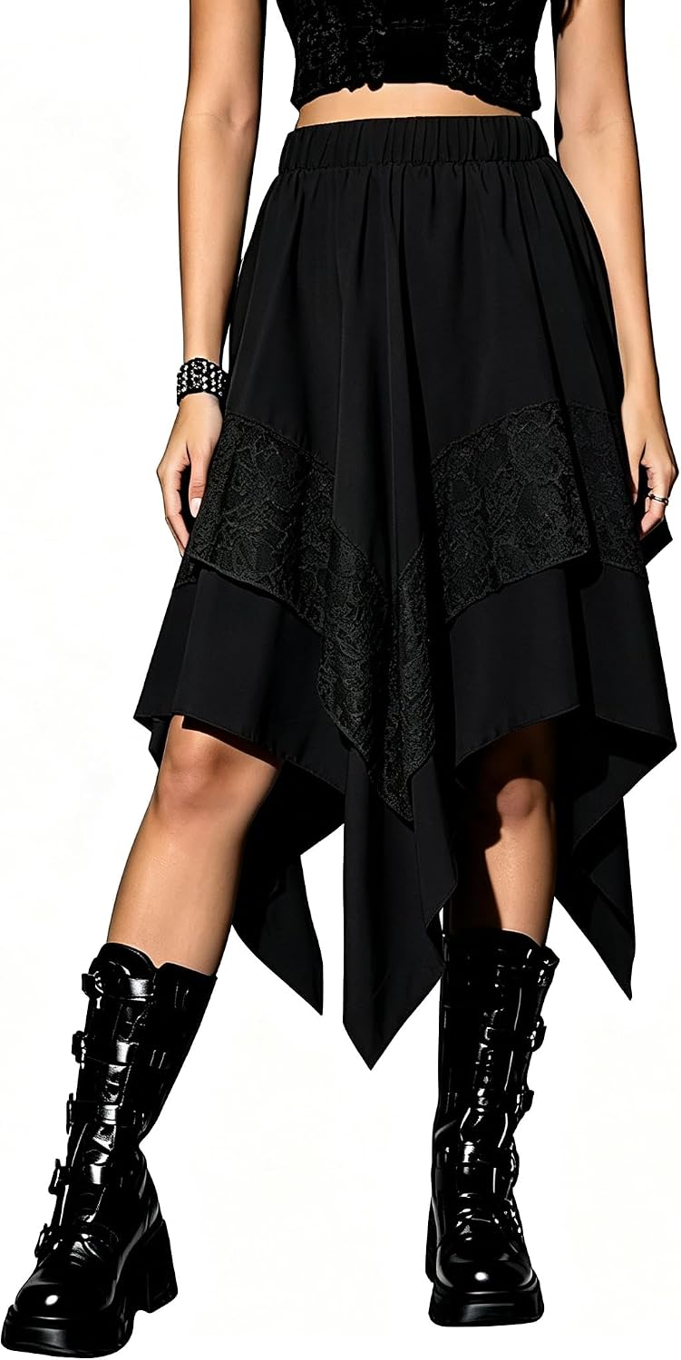 Women Gothic Renaissance Half Skirt Lace Spliced High Waist Midi Skirt