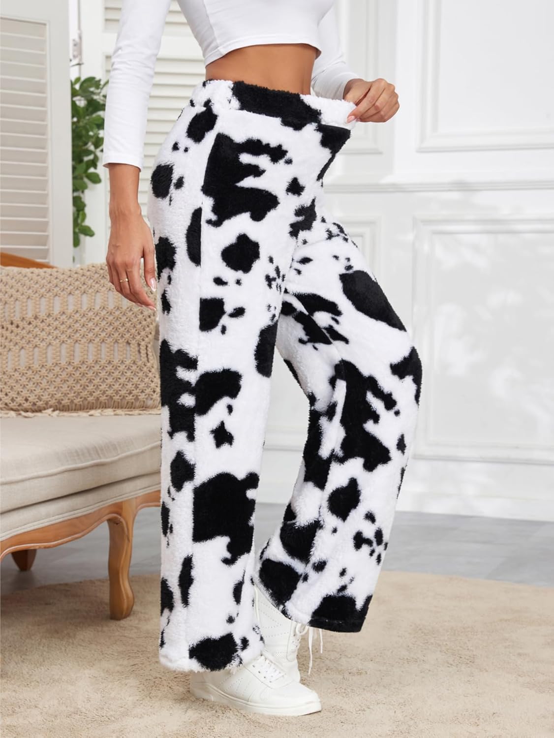Women's Cow Fuzzy Fleece Pajama Pants High Waist Elastic Casual Straight Leg Teddy Fluffy Warm Pj Pants - Image 4