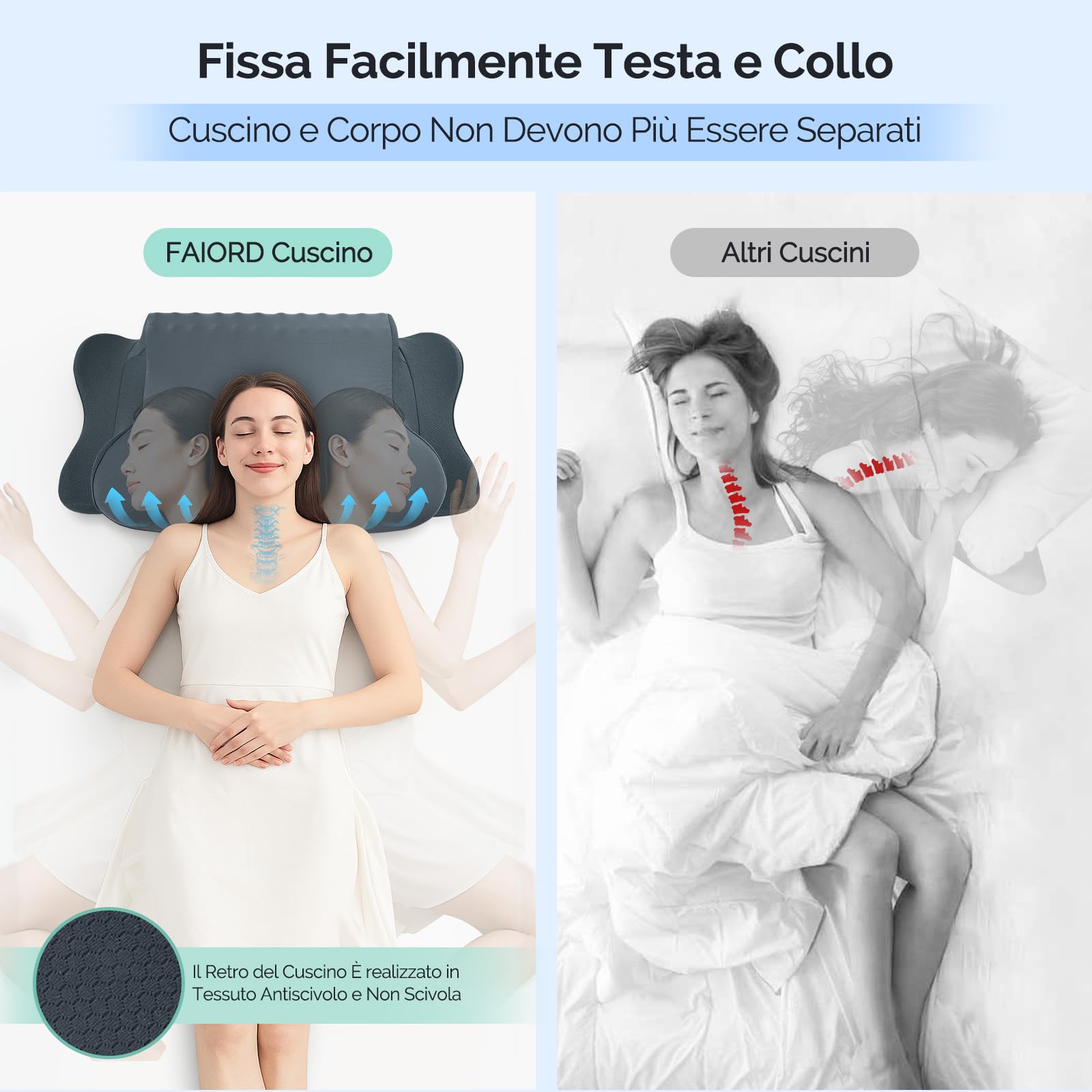 Cuscino Cervicale, Cuscino Ergonomico Adatto per chi Dorme su un fianco sulla schiena e a pancia in giù, Cuscino Memory Foam con Federa, 64x39x10/13 cm (Grigio Scuro)