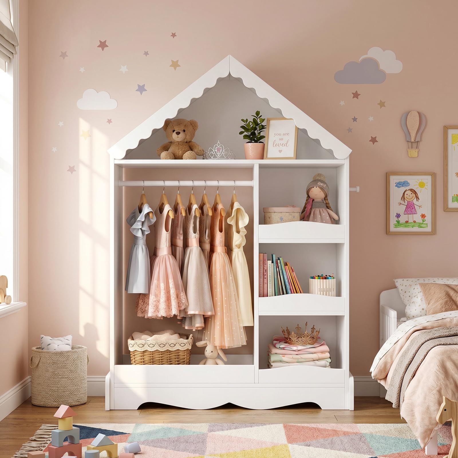 VOWNER Armario Infantil con Espejo, Armario de Ropa con Tejado, Perchero Infantil, Guardarropa Infantil, Mueble Montessori (Blanco)