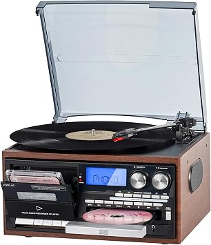 9-in-1 Bluetooth Record Player with Stereo Speakers, Vintage 3 Speed Turntable, AM FM Radio, CD Cassette Player, USB/SD Playback, Remote Control, Classic Vinyl Player for Home Entertainment & Gift Use