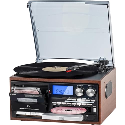 9-in-1 Record Player Bluetooth Turntable with Built-in Stereo Speakers, AM/FM Radio, CD & Cassette Player, USB/SD Playback, Remote Control for Vinyl Lovers and Music Enthusiasts
