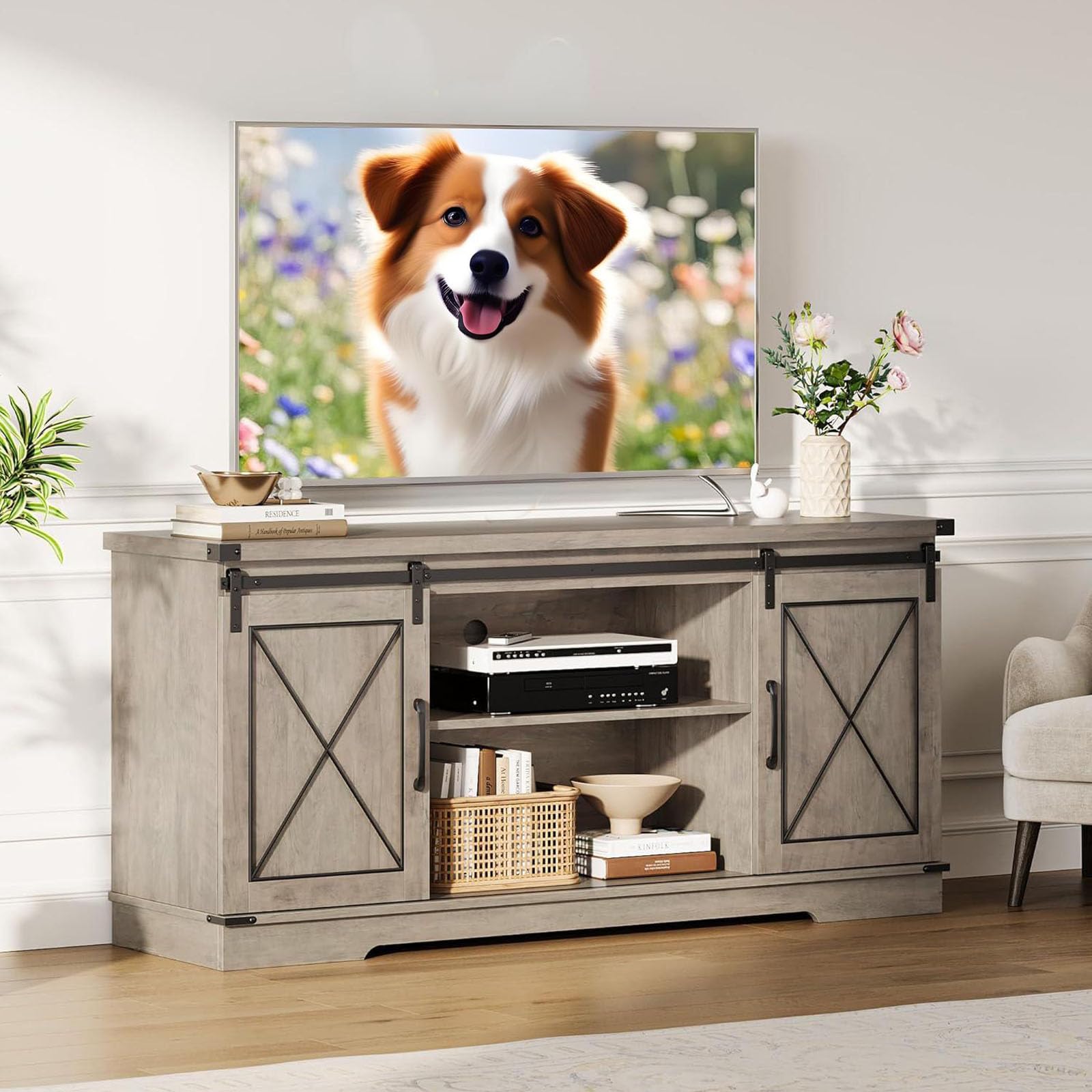 HomeEterna TV Stand for TVs Up to 65", Farmhouse TV Cabinet & Entertainment Center with Sliding Barn Doors and Adjustable Shelf, Wood Storage Cabinet