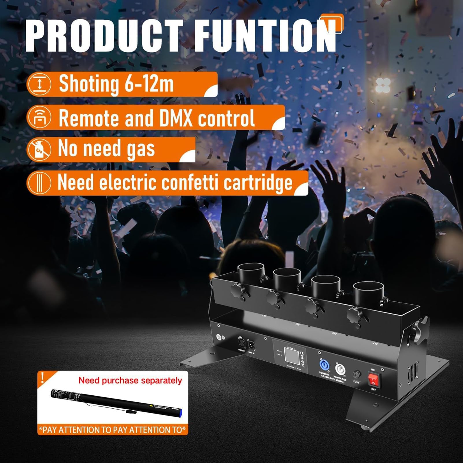 Máquina de cañón de confeti Lanzador de máquina de confeti Cañón 4 disparos con DMX512 y efecto de escenario remoto Altura del chorro de 8-10 m para fiestas, bodas