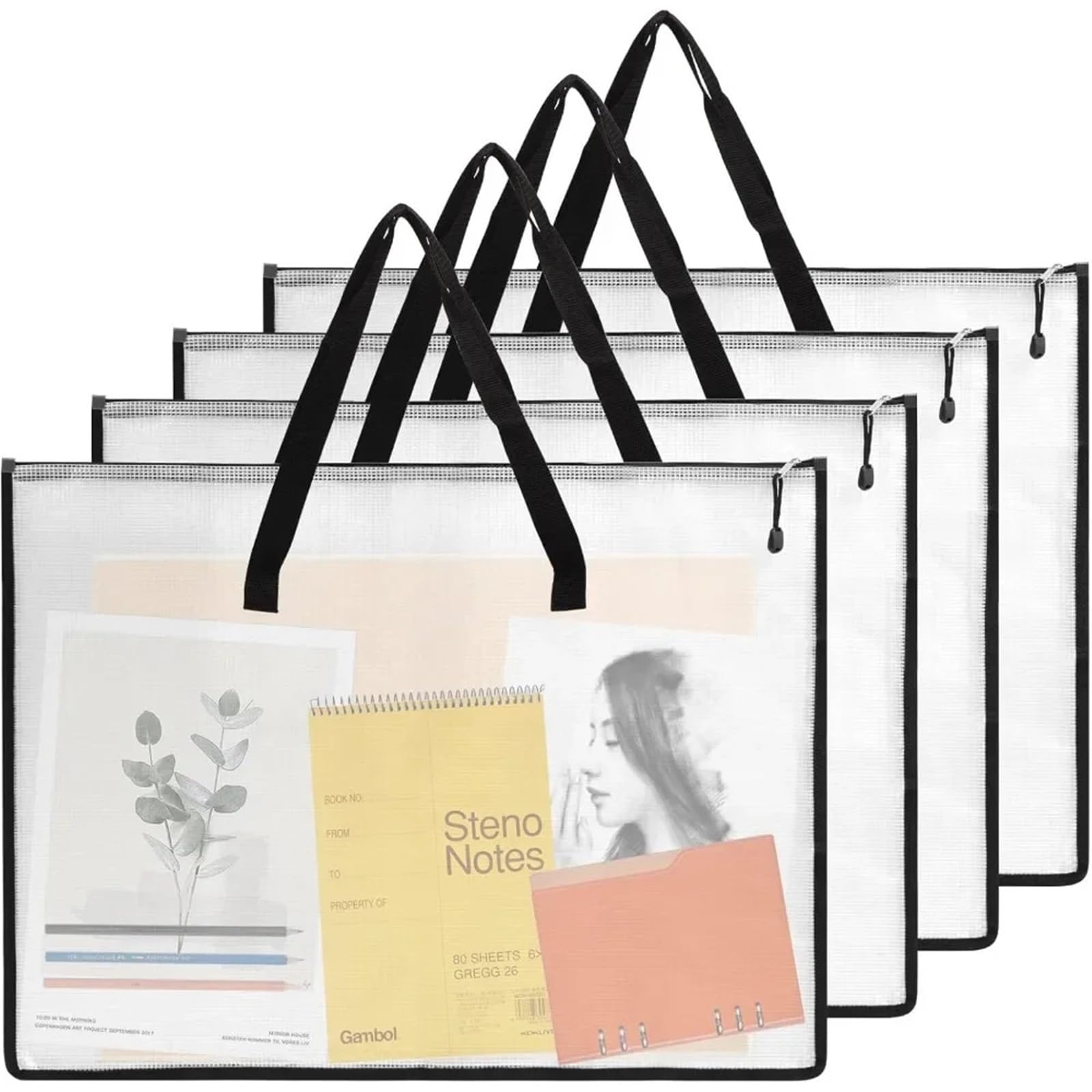 Estuche for portafolios de Arte, Carpeta for Obras, Organizador pósteres con Cremallera y asa, Malla(4Pcs)
