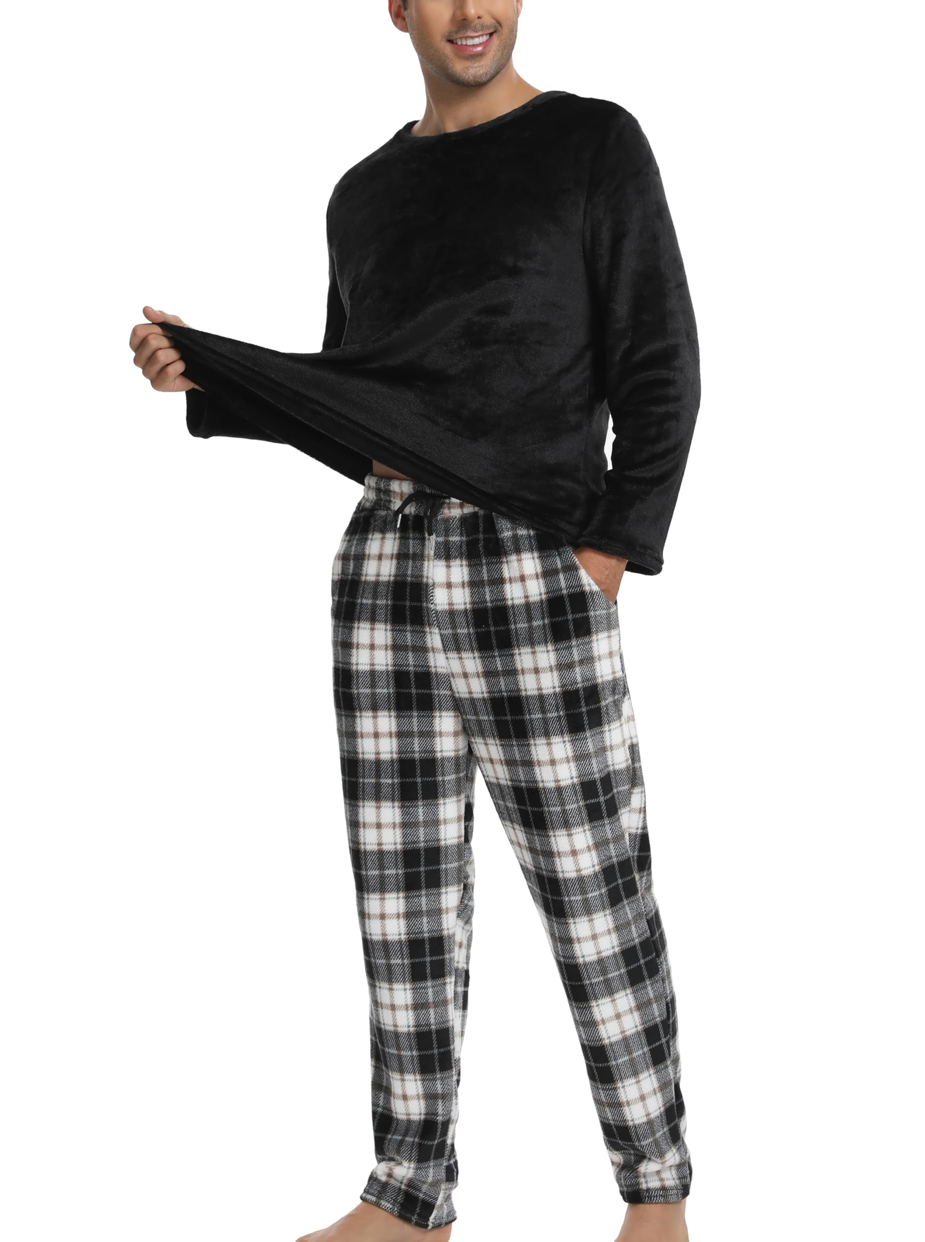 Pyjama Polaire Homme Velours Ensemble Thermique Hiver Chaud Hauts de Pyjama Manches Longues Col Rond Vêtements d'Intérieur Plaid Carreaux Vêtements de Nuit Grande Taille Douce Confortable M-3XL