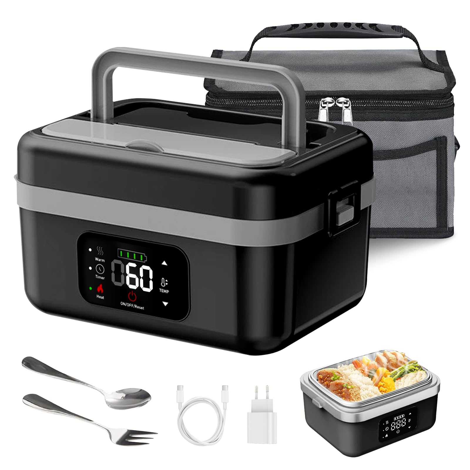 Fiambrera Eléctrica Portátil, Fiambrera Inalámbrica Autocalentable Recargable, 1L Fiambreras Bento Adultos con Calentamiento Programado, Fiambreras Comida para Comidas en Movimiento