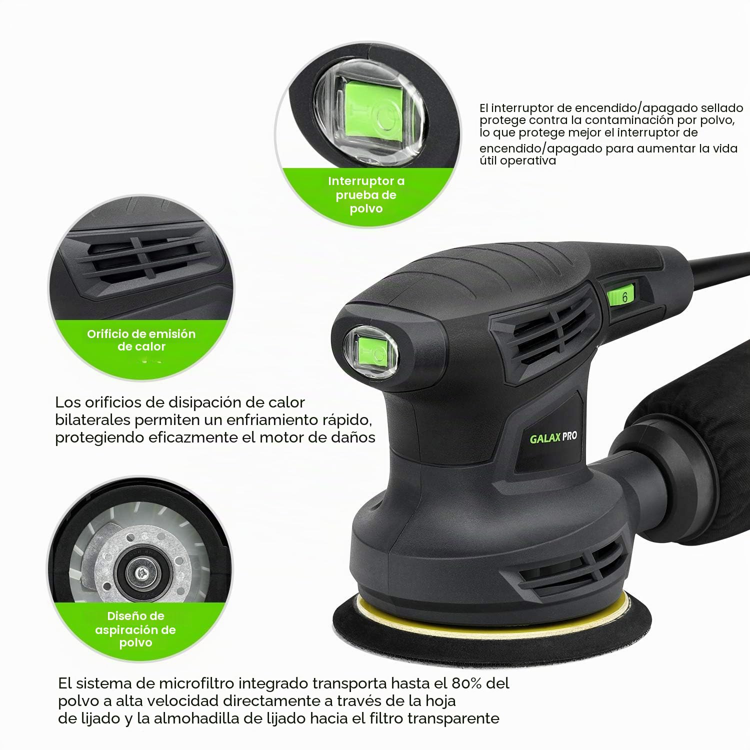GALAX PRO Lijadora Orbital, 280W 6000-13000 RPM 6 Velocidades Variables Lijadora Rotorbital, 15 Hojas de 125 mm Discos Abrasivos, Polvo Sistema de Recogida, ideal para bricolaje