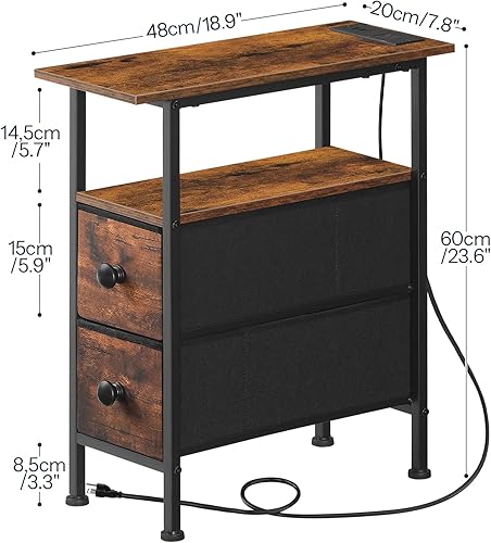Miniatura 3 de HOOBRO Mesa auxiliar con estación de carga, mesa auxiliar estrecha con 2 cajones de tela, mesita de noche delgada con almacenamiento, mesita de