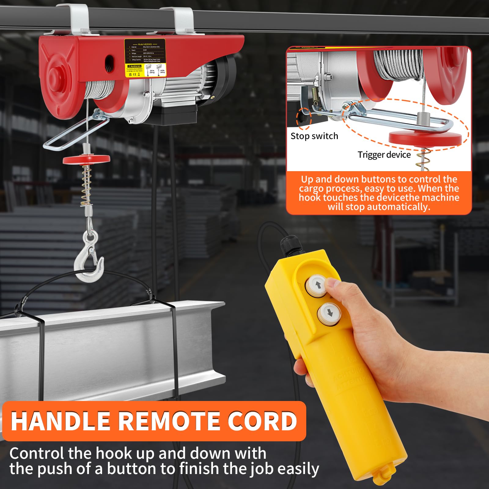 Paranco Elettrico 510W, Portata Max 200kg, Altezza 12M, Velocità 10m/min, Argano Elettrico con Telecomando Cablato, Interruttore Arresto Automatico, Sollevatore Garage Officina Magazzino Lavori Edili