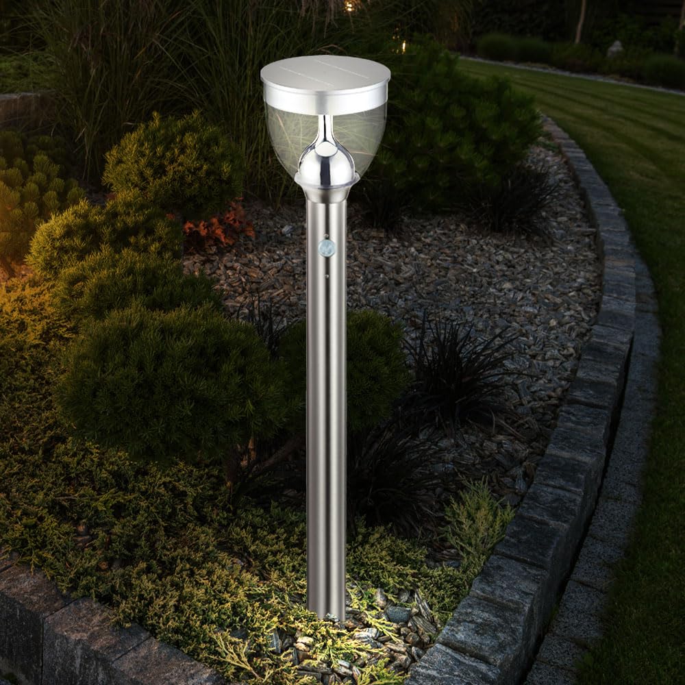 LED Solar Außen Steck Lampe Terrassen Bewegungsmelder Erdspieß Edelstahl Steh Leuchte Globo 33437
